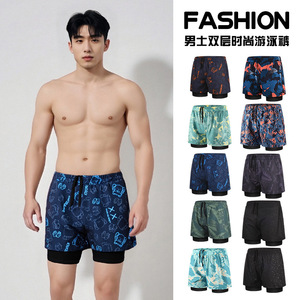 Trajes de baño para hombre de doble capa de secado rápido con pierna cuadrada, equipo de natación profesional para aguas termales - Product Image 2