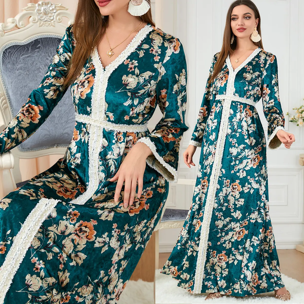 2023 sıcak kış çiçek baskı müslüman çarşaf elbise kadınlar mütevazı Dubai arap türkiye fas Kaftan islam hindistan kıyafeti Robe Vestido