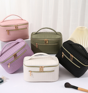 Nueva Bolsa de Maquillaje de Viaje de Gran Capacidad, Bolsa Cosmética Plana Impermeable de Cuero PU Tejido, Portátil, con Cierre de Cremallera, a la Moda - Product Image 1