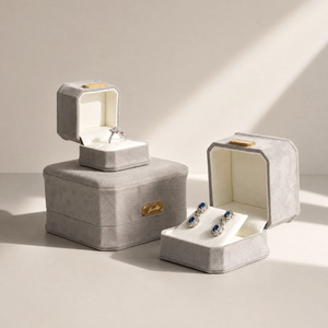 Zebopak Grey Velvet Engagement <b>Ring</b> <b>Box</b> Set with Earring Necklace Bracelet Gold Metal Label Storage Case Manufacturer - Product Image 2