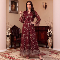 Abaya pour femmes musulmanes, col en V, manches longues, broderie florale à sequins, design à franges, polyester, élégante, modeste, coupe ample, robe maxi