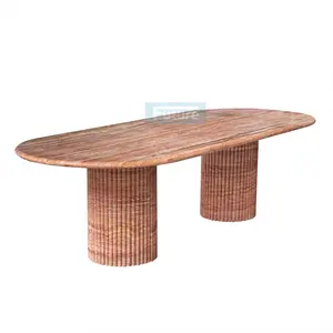 Luxury Customized Natural Red Travertine Dining Table Stone Furniture Dining Table Fluted Oval Marble Travertine Dining Table