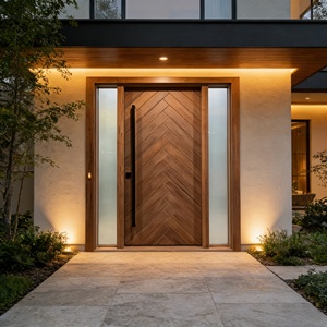 Porte d'entrée en teck massif de luxe, porte pivotante extérieure moderne à chevrons avec vitre latérale dépolie pour villa de luxe - Product Image 2