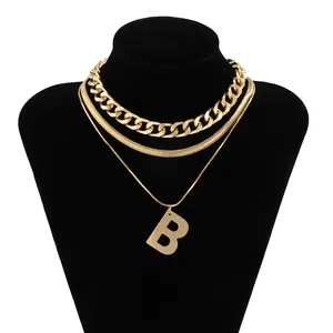 Hip-hop punk geometric type letter B pendant necklace Simple snake bone hollow metal chain necklace