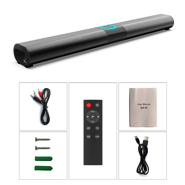 BS20 Wireless BT5.0 Soundbar for Home Theater Computer TV Car Sound Box 2.0-Channel with Built-in Tweeter, Bass Reflex Speaker