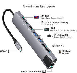 מתאם USB Type-C 8 ב-1 עם חיבור LAN 2.1, סגסוגת אלומיניום, 4K HDTV, USB <span class=keywords><strong>3</strong></span>.0, קורא כרטיסי <span class=keywords><strong>SD</strong></span>/TF, טעינה PD100W, בצבע כסוף, במלאי - Product Image 3