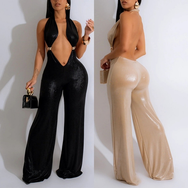 K24Q48664 Sexy Summer Shinny Fabric Halter Backless One Piece Wide Leg Pants Jumpsuit