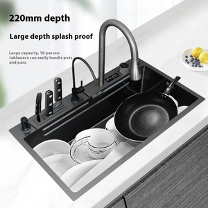 Lavello da Cucina a Doppia Vasca in Acciaio Inox 304 Spazzolato Nero con Rubinetto, Display Digitale Intelligente, Multifunzionale e Moderno - Product Image 1