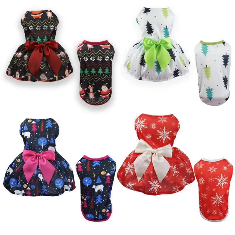 Christmas Pet Clothes Dog Cat Print Dresses and Vests Sets With Bowtie Dog Christmas Clothes