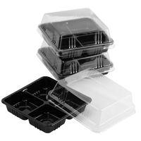 Boîte à dessert rectangulaire en plastique PET transparent à 4 compartiments, couvercle plat, recyclable, boîte à gâteau, sushi, nouilles, hamburger, etc.