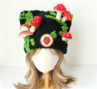 Bonnet en tricot noir personnalisé style Fairycore avec oreilles de chat, champignons et mousse en crochet 3D, design Lee, vente en gros