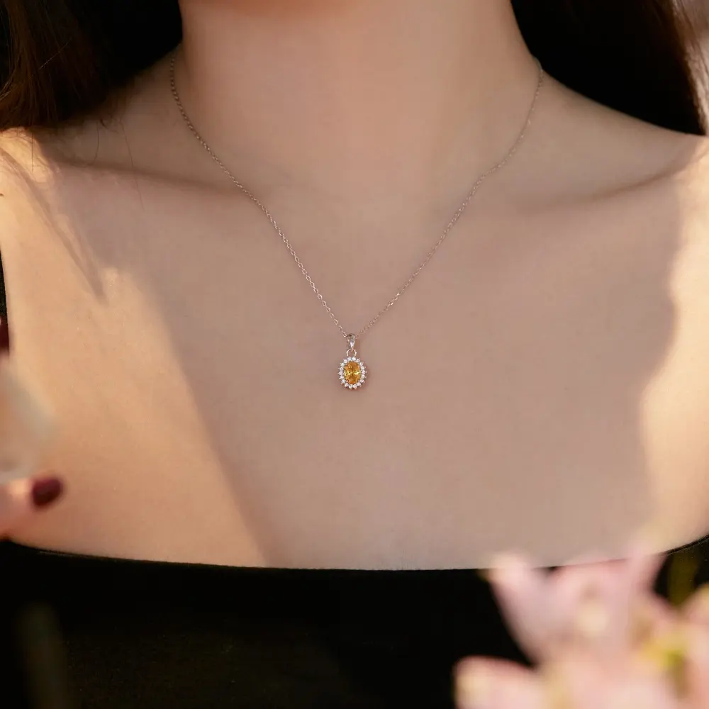 Лидер продаж, ювелирные подарки для женщин и девушек, 925 ожерелье из стерлингового серебра с кубическим цирконием, ожерелье с овальным желтым кристаллом
