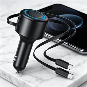 oem logo 2in1 super fast charging car charger 12 24v output <b>type</b> <b>c</b> car <b>adapters</b> dual retractable usb-<b>c</b> cable car charger - Product Image 1