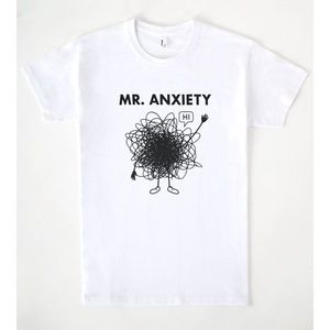 T-shirt Mr. Anxiety bianca unisex con scollo rotondo, maglietta promozionale - Product Image 1