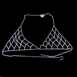 Ensemble soutien-gorge et culotte <span class=keywords><strong>sexy</strong></span> de luxe simple en maille ajourée avec strass et chaîne de poitrine pour femme - Product Image 2