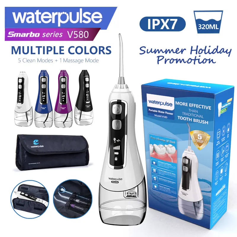 Waterpulse V580 IPX7 320ML 6 modos de agua inalámbrico Flosser irrigador portátil Limpieza de dientes orales con batería recargable