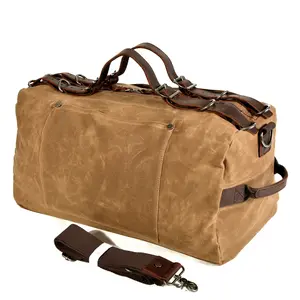 Military style chunky waxed canvas sling shoulder duffle bags genuine leather outdoor hiking travel bags