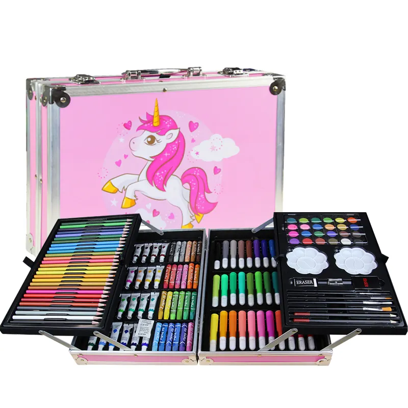 China factory wholesale deluxe art supplies 2 strati 144 pezzi unicorn case drawing art sets for kids