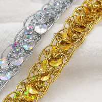 MEETEE XP375 Polyester 12m/rouleau 1cm de large, motif vague or et argent, bordure à paillettes laser pour vêtements