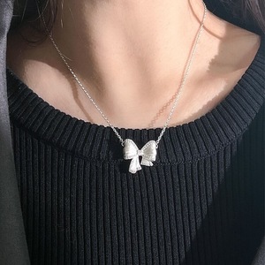 S925 Sterling Silver <b>Bow</b> Necklace 405cm Chain Length Bezel Setting <b>Gift</b> for Women Elegant Collarbone Chain Minimalist Style - Product Image 5