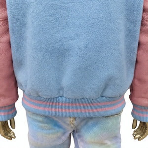 Custom Women Sky Blue Polyester/Cotton Breathable Front Logo Varsity Letterman <b>Jacket</b> Rib Trim - Product Image 3
