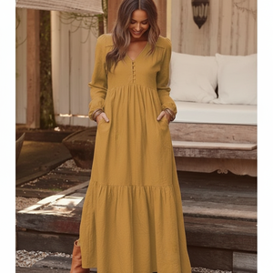 Abito Bohémien da <span class=keywords><strong>Donna</strong></span> con Bottoni, Plissettato, a Maniche Lunghe, Casual, <span class=keywords><strong>Taglie</strong></span> Forti, con Cintura - Set Abito Bohémien - Product Image 6