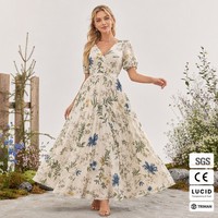 Gaun Maxi Wanita Viscose 120G Grosir, Model A-Line, Lengan Puff Mengembang, Motif Bunga Liar Alpine, Gaya Romantis Bavaria, Pinggang Alami, Bermotif Bunga