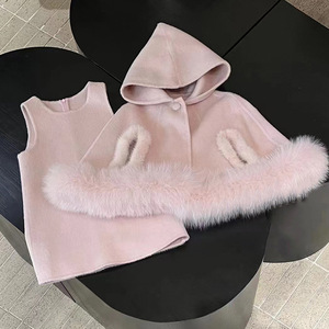 Child Star Circle Girls Wool <b>Coat</b> With Fox Fur Mandarin Collar Thickening Autumn Winter <b>Skirt</b> Set - Product Image 3