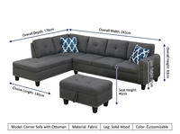 Canapé convertible de luxe moderne américain en tissu noir et gris, idéal pour appartement, avec structure en bois massif, ensemble de canapés sectionnels