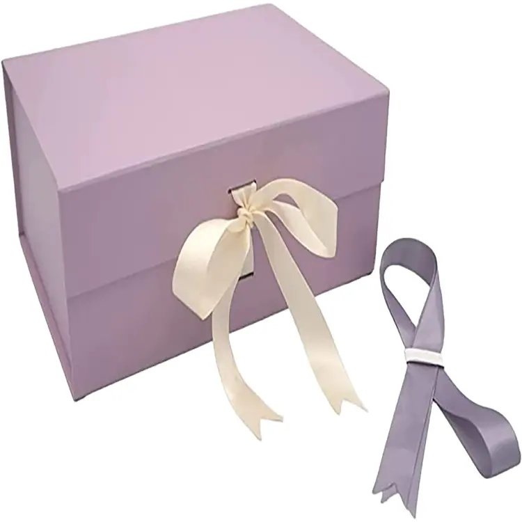 Wholesale Luxury Cardboard Folding Purple Paper Packaging Magnetic Gift Boxes With Ribbon