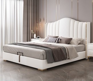 Moderna Struttura <span class=keywords><strong>Letto</strong></span> Matrimoniale in Plastica con Pannello Alto Impermeabile, Testiera Imbottita in Tessuto e Pelle PU Trapuntata, <span class=keywords><strong>Cuscino</strong></span> Bianco, Durata 3-5 Anni - Product Image 3
