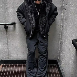 Fabricant de vestes réversibles en fourrure à double couche en polaire épaisse et lourde sur mesure, fermeture éclair, épaules tombantes, hiver, hommes, sweat à capuche en fourrure vierge - Product Image 4