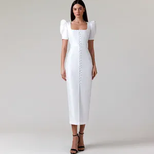 New arrivals fashion high quality formal sexy elegant white slim fitted puff sleeve square collar midi women dresses