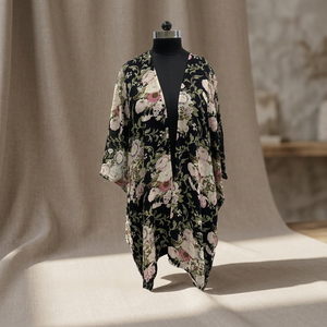 Floral Print Chiffon Kimono <b>Cardigan</b> V-Neck Loose Boho Asymmetrical Hem Three Quarter Sleeve <b>Spring</b> Casual Wear - Product Image 2
