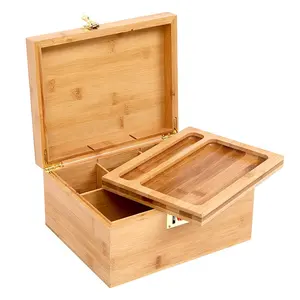 Custom Wooden Smoking Accessories Kit Bamboo Stash Box With 3 Glasses Jars Wooden Storage Box With Rolling Tray