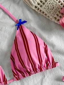 Bikini con Etichetta Privata, Decorazione a Strisce Rosa e Fiocco Blu, Allacciatura su Due Lati, Conjunto De Bikini Para Mujer - Product Image 4