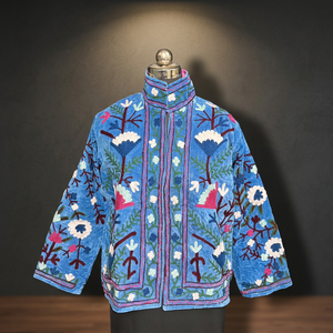 Stunning Blue Velvet Floral Suzani Embroidered Jacket Royal Boho High Neck <b>Coat</b> Handmade Designer Winter Wear For Women - Product Image 6
