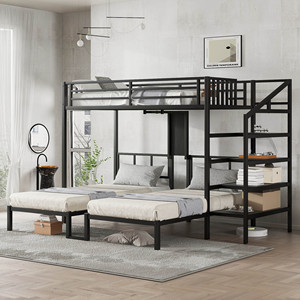 Lits superposés triples en métal noir avec escalier de rangement pour 3 adultes, design industriel moderne, idéal pour hôtels et écoles, parfait pour petites chambres - Product Image 1