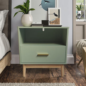 Table d'appoint design moderne pour salon, table de chevet en bois avec étagère de rangement ouverte, 1 tiroir, table de chambre à coucher, vert avocat - Product Image 1