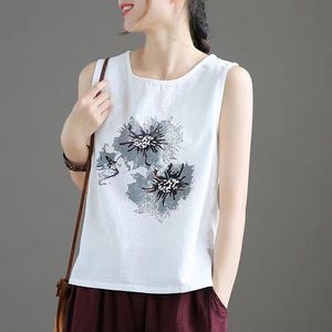 Cotton Linen Camisole Vest For Women Pink Artistic Floral Print Loose Fit Summer Top Breathable Outerwear <b>Base</b> <b>Layer</b> - Product Image 4