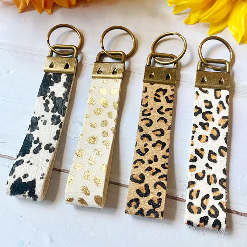 High quality Leather wristlet key ring cowhide Western horse hair strap wristlet keychain