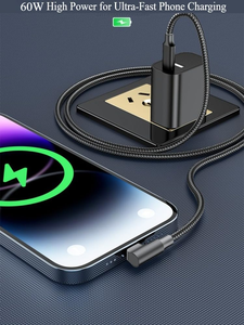 Cáp <span class=keywords><strong>USB</strong></span> C sang <span class=keywords><strong>USB</strong></span> C, sạc nhanh 60W, cáp góc vuông, dây bện nylon bền 90 độ cho <span class=keywords><strong>iPhone</strong></span> 17 (1M/2M/3M) - Product Image 2