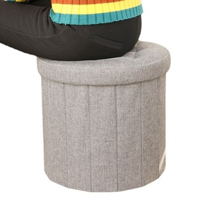 Round Fabric Storage <b>Stool</b> Grey Home <b>Ottoman</b> With Tufted Top For Living Room Or Bedroom Use - Product Image 4