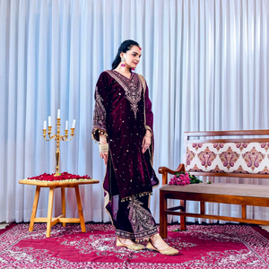 <b>Women's</b> <b>Velvet</b> Salwar Kameez Suit Set Embroidered Sequin Rivet Dupatta Burgundy Pakistani Indian Formal Wear - Product Image 1