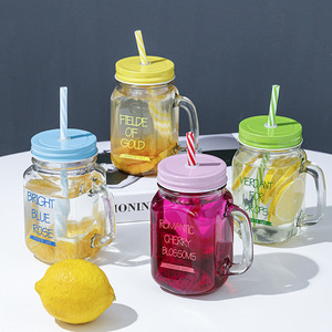 Venta directa de fábrica <span class=keywords><strong>Gallo</strong></span> Gradiente Bebida Taza de agua con tapa Mango de paja Vidrio Mason para té de la leche Calidad Drinkware - Product Image 1
