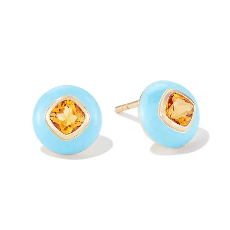 Gemnel latest trendy turquoise enamel cz champagne earrings stud 18K