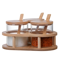 Juego de tarros de especias de vidrio hechos a mano con tapa de bambú y soporte para cuchara, sin BPA, de borosilicato, organizador de condimentos para cocina (sal, azúcar, pimienta)