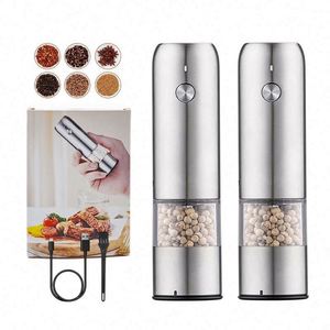 Mini Electric Salt and <b>Pepper</b> <b>Grinder</b> Set USB Rechargeable Silver Stainless Steel Eco-Friendly - Product Image 1
