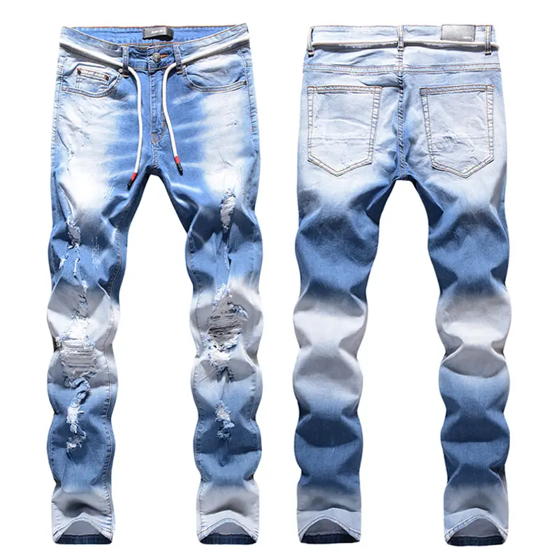 2023 fashion ripped men denim jeans casual street wear washed light blue soft skinny patches drawstring men denim jeans man