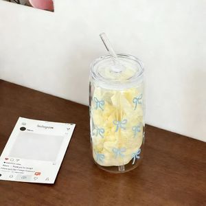 Copo de Vidro Borossilicato de 16oz com Design de Laço e Canudo, Copo de Cola Resistente ao Calor para Bebidas Frias - Product Image 3